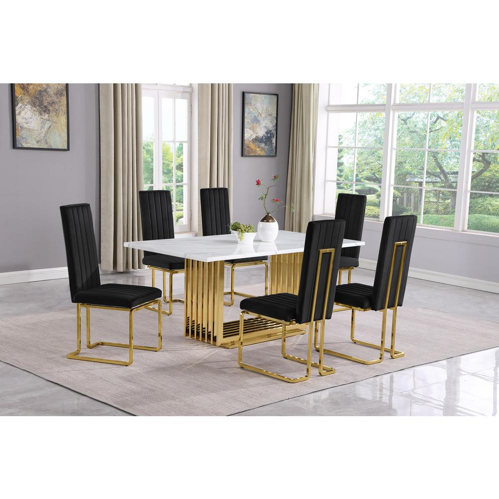 7pc Small(68″) marble top dining set with gold base and 6 Black side chairs
