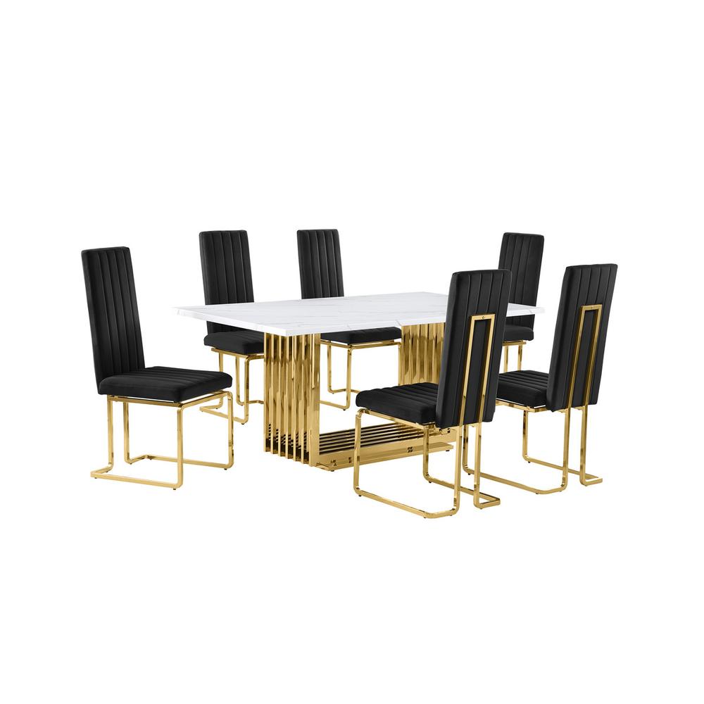7pc Small(68″) marble top dining set with gold base and 6 Black side chairs