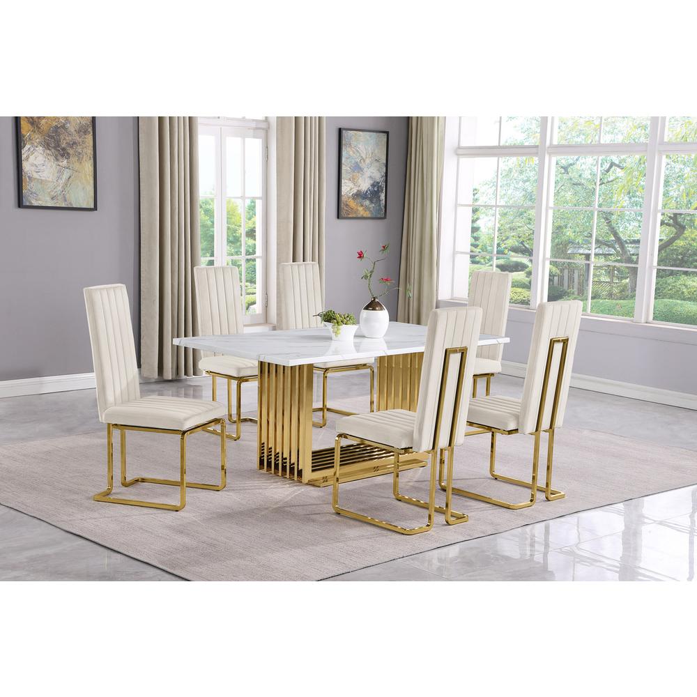 7pc Small(68″) marble top dining set with gold base and 6 Cream side chairs