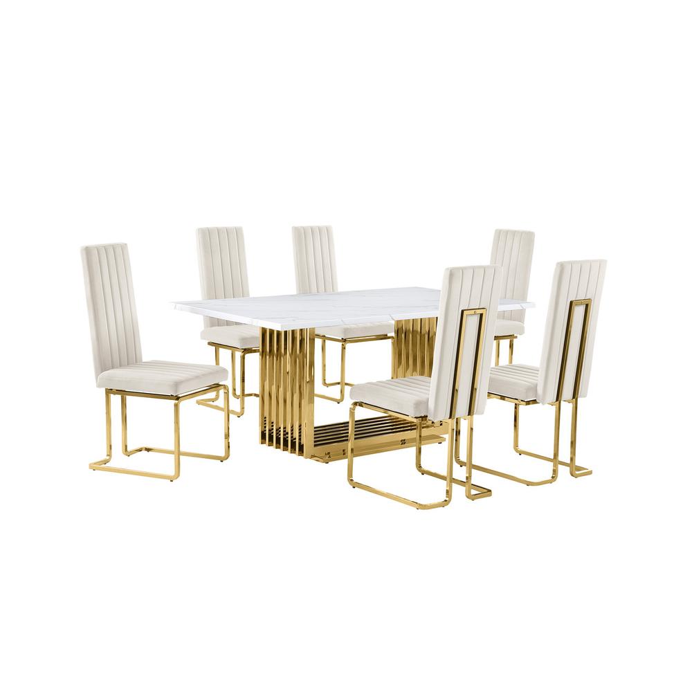 7pc Small(68″) marble top dining set with gold base and 6 Cream side chairs
