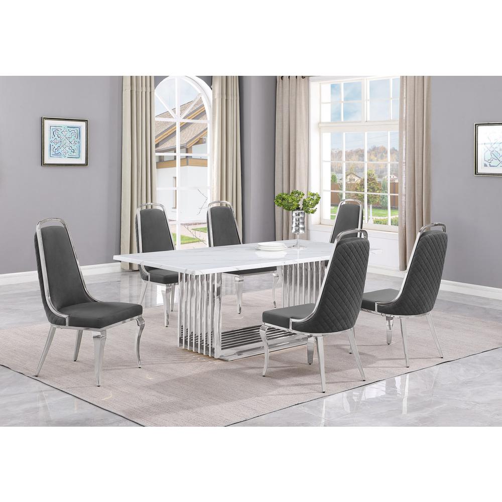 7pc Large(79″) marble top dining set with silver base and 6 Dark grey chairs