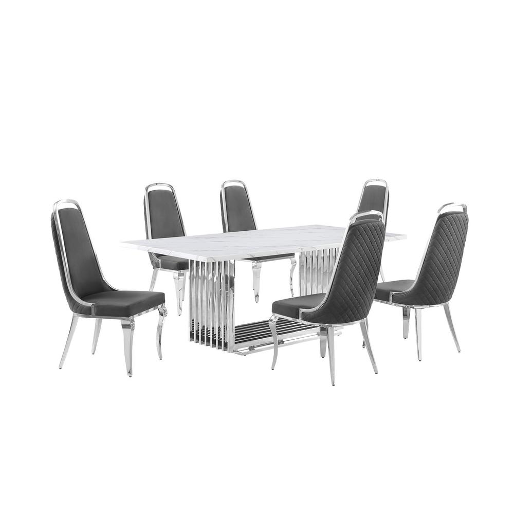 7pc Large(79″) marble top dining set with silver base and 6 Dark grey chairs