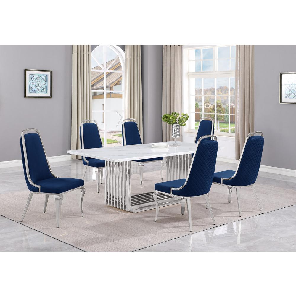 7pc Large(79″) marble top dining set with silver base and 6 Navy blue chairs