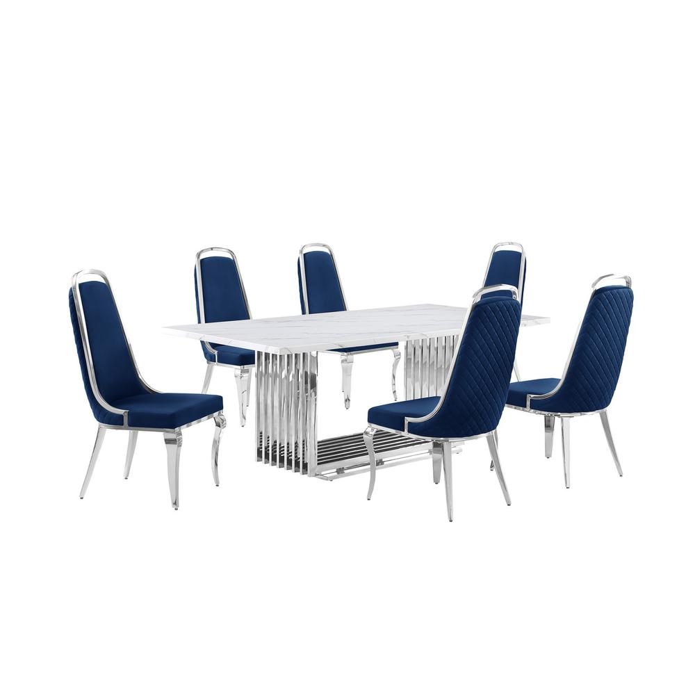 7pc Large(79″) marble top dining set with silver base and 6 Navy blue chairs