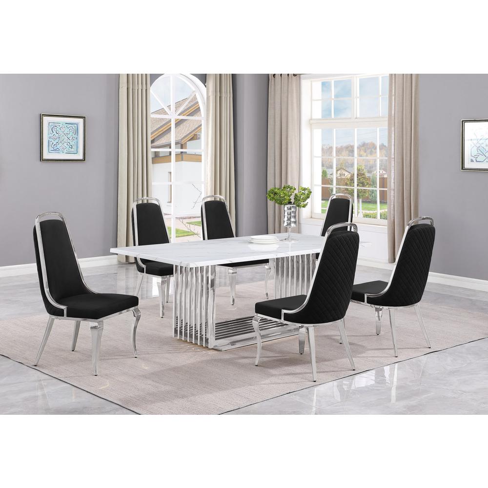 7pc Large(79″) marble top dining set with silver base and 6 Black side chairs