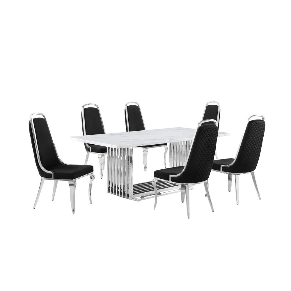 7pc Large(79″) marble top dining set with silver base and 6 Black side chairs