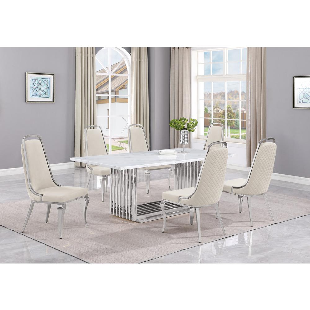 7pc Large(79″) marble top dining set with silver base and 6 Cream side chairs