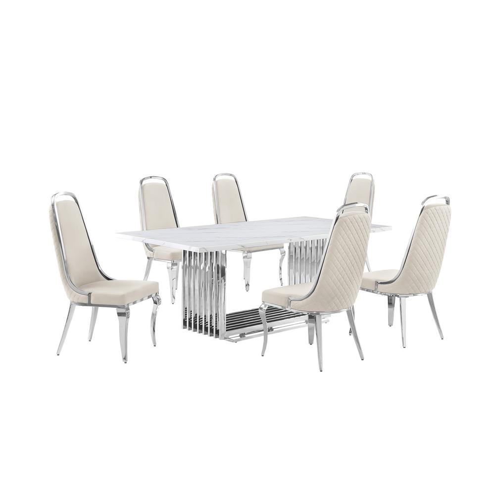 7pc Large(79″) marble top dining set with silver base and 6 Cream side chairs