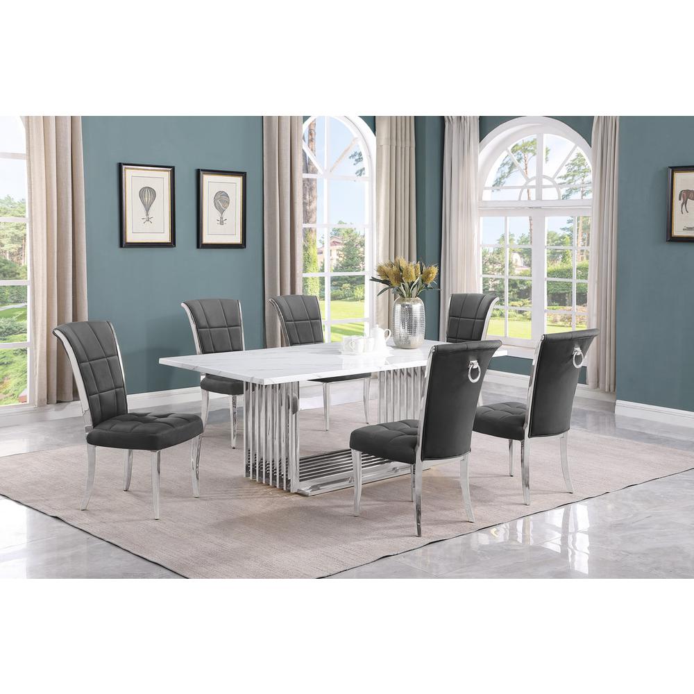 7pc Large(79″) marble top dining set with silver base and 6 Dark grey chairs