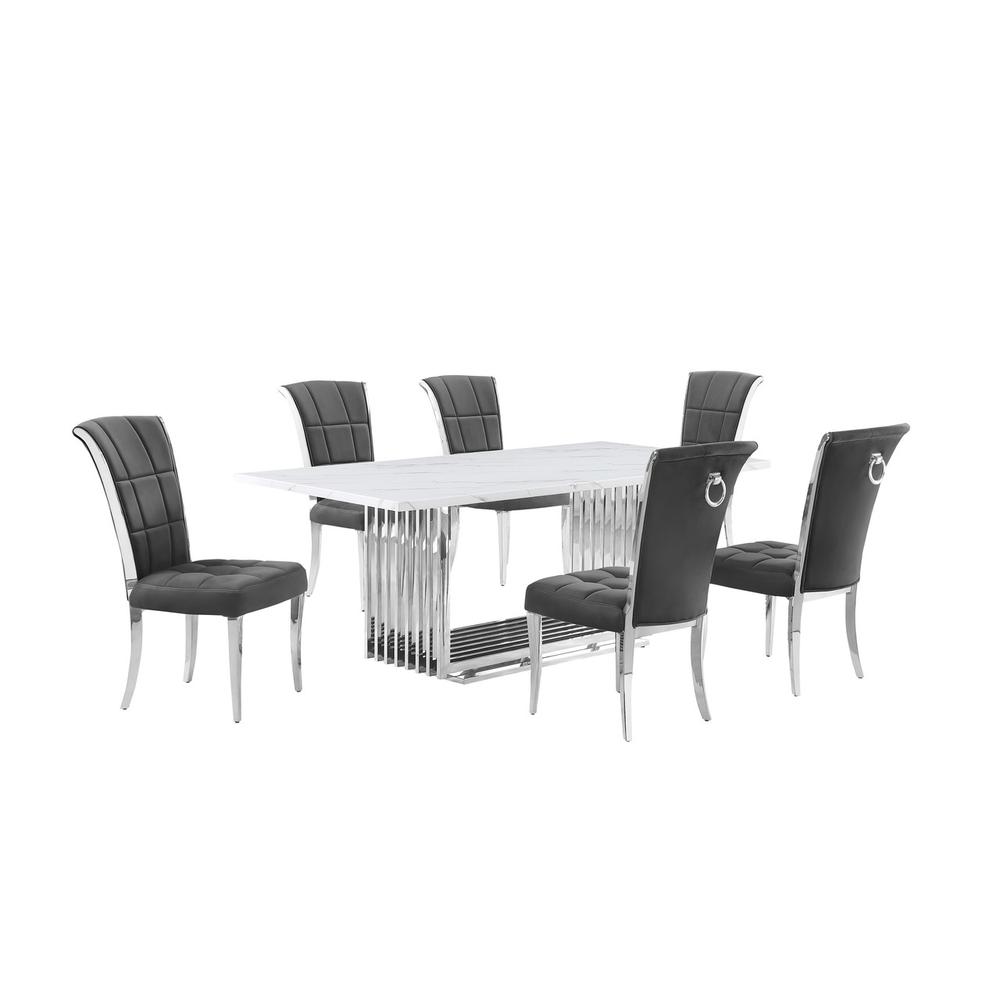 7pc Large(79″) marble top dining set with silver base and 6 Dark grey chairs