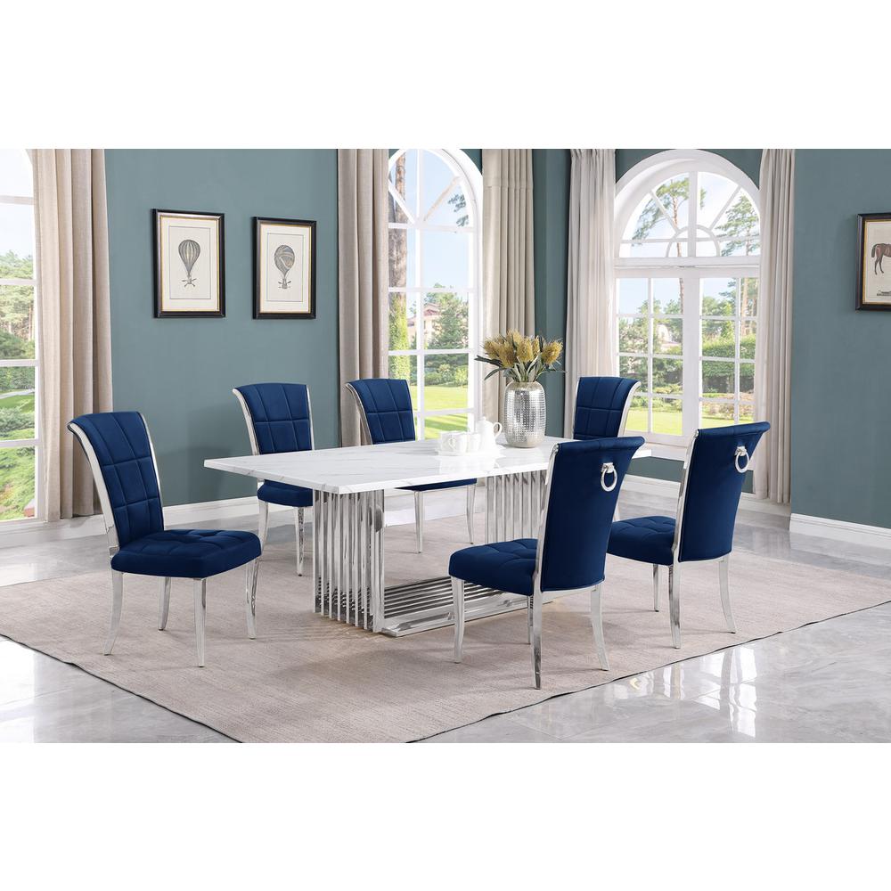 7pc Large(79″) marble top dining set with silver base and 6 Navy blue chairs
