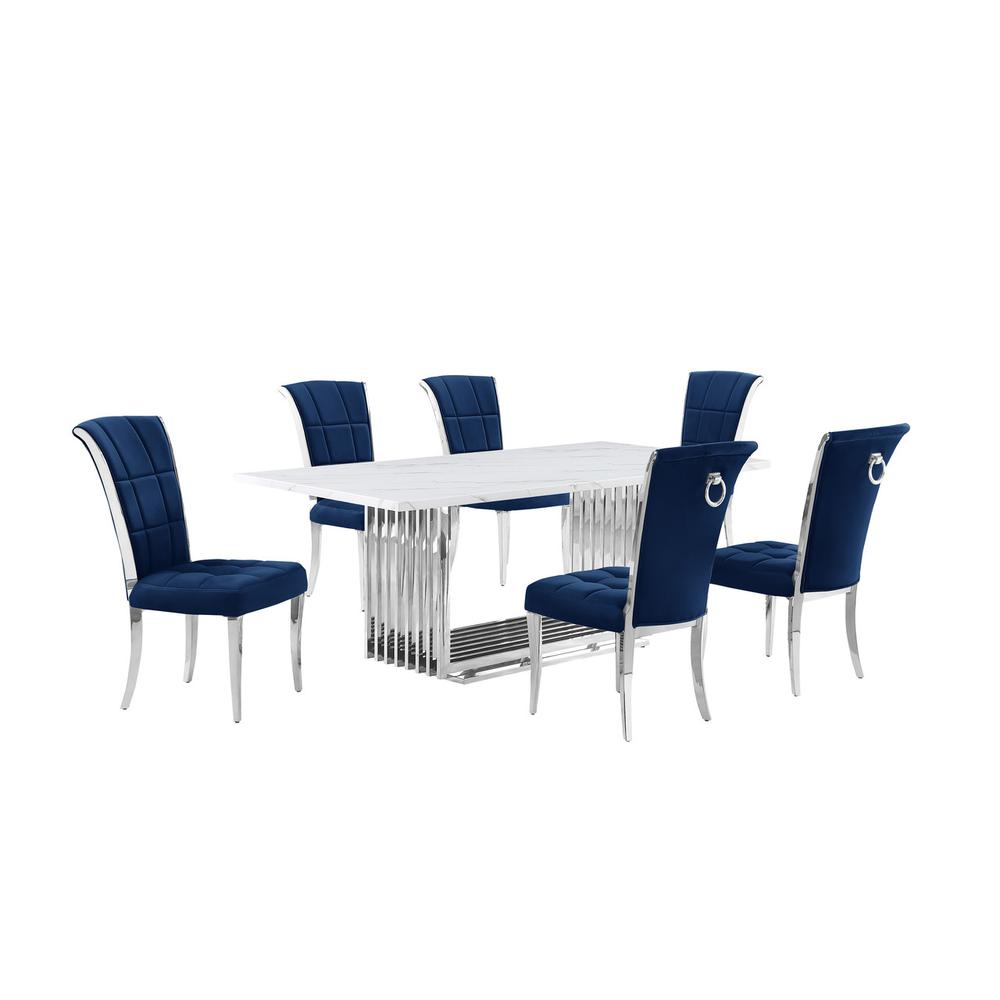 7pc Large(79″) marble top dining set with silver base and 6 Navy blue chairs