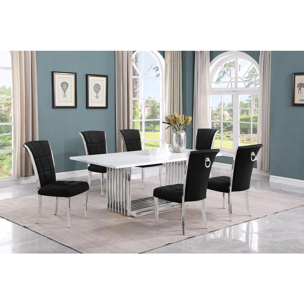7pc Large(79″) marble top dining set with silver base and 6 Black side chairs