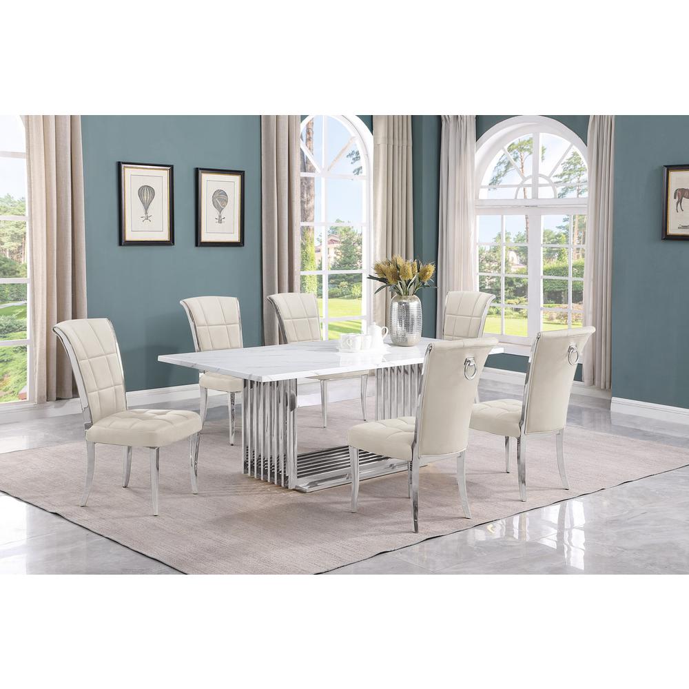 7pc Large(79″) marble top dining set with silver base and 6 Cream side chairs