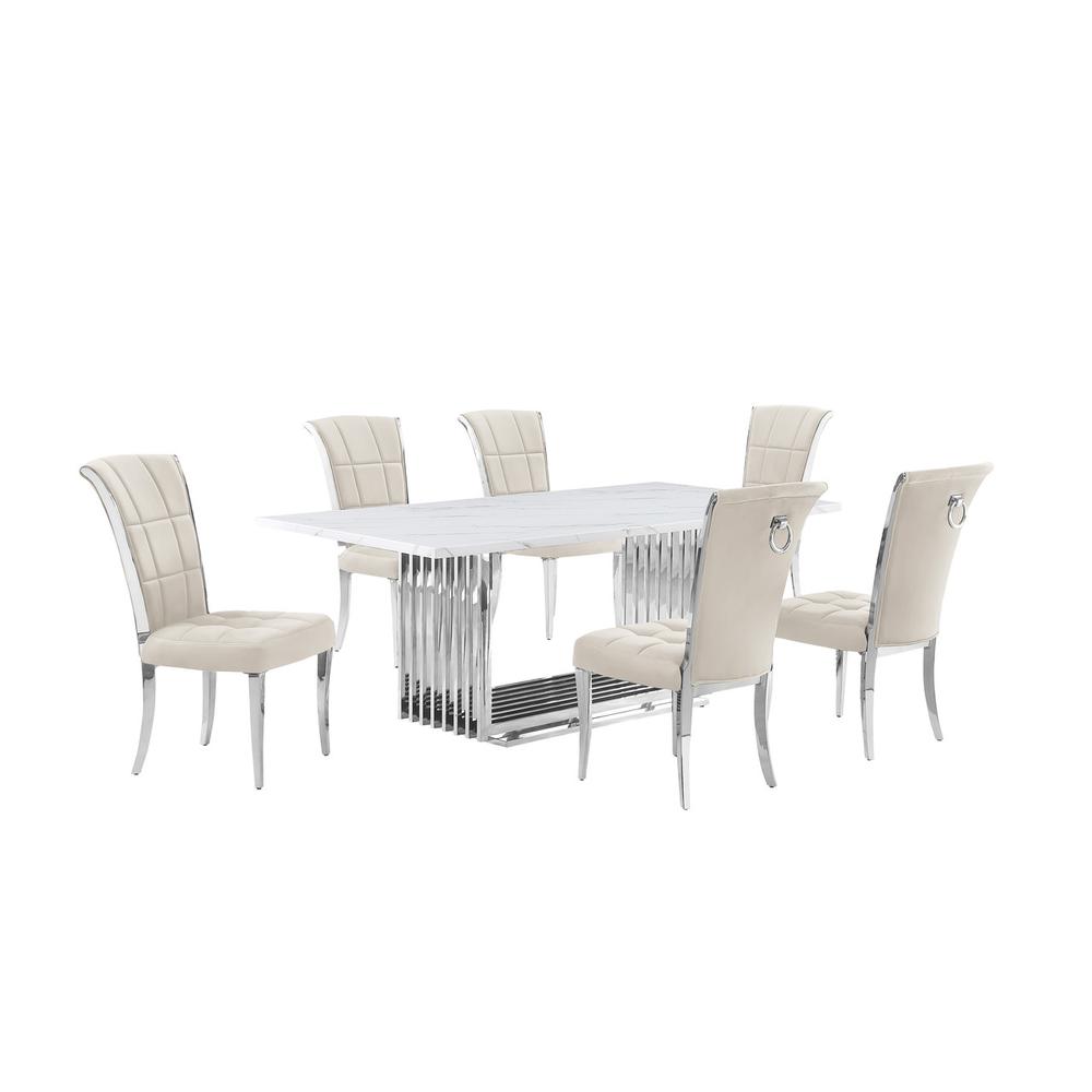 7pc Large(79″) marble top dining set with silver base and 6 Cream side chairs