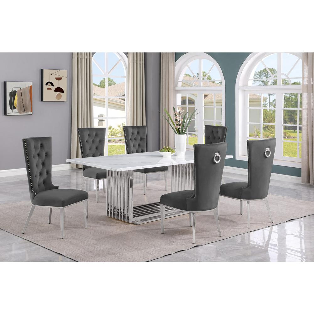 7pc Large(79″) marble top dining set with silver base and 6 Dark grey chairs