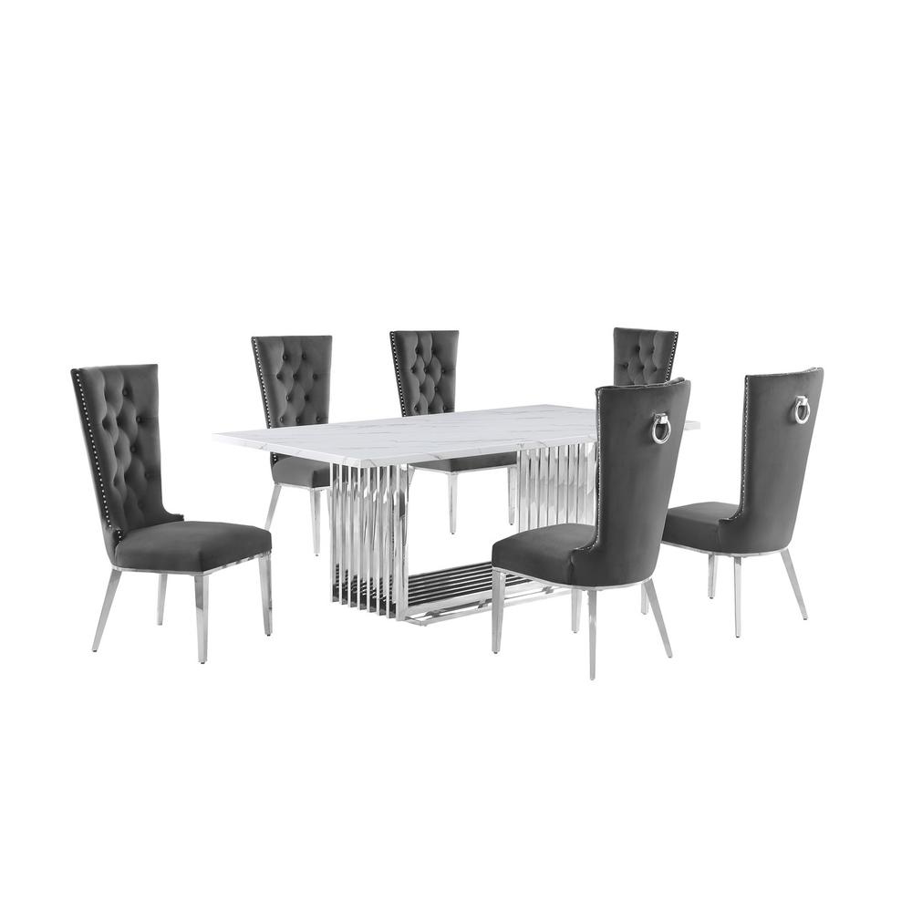7pc Large(79″) marble top dining set with silver base and 6 Dark grey chairs