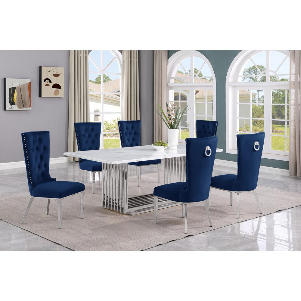 7pc Large(79″) marble top dining set with silver base and 6 Navy blue chairs