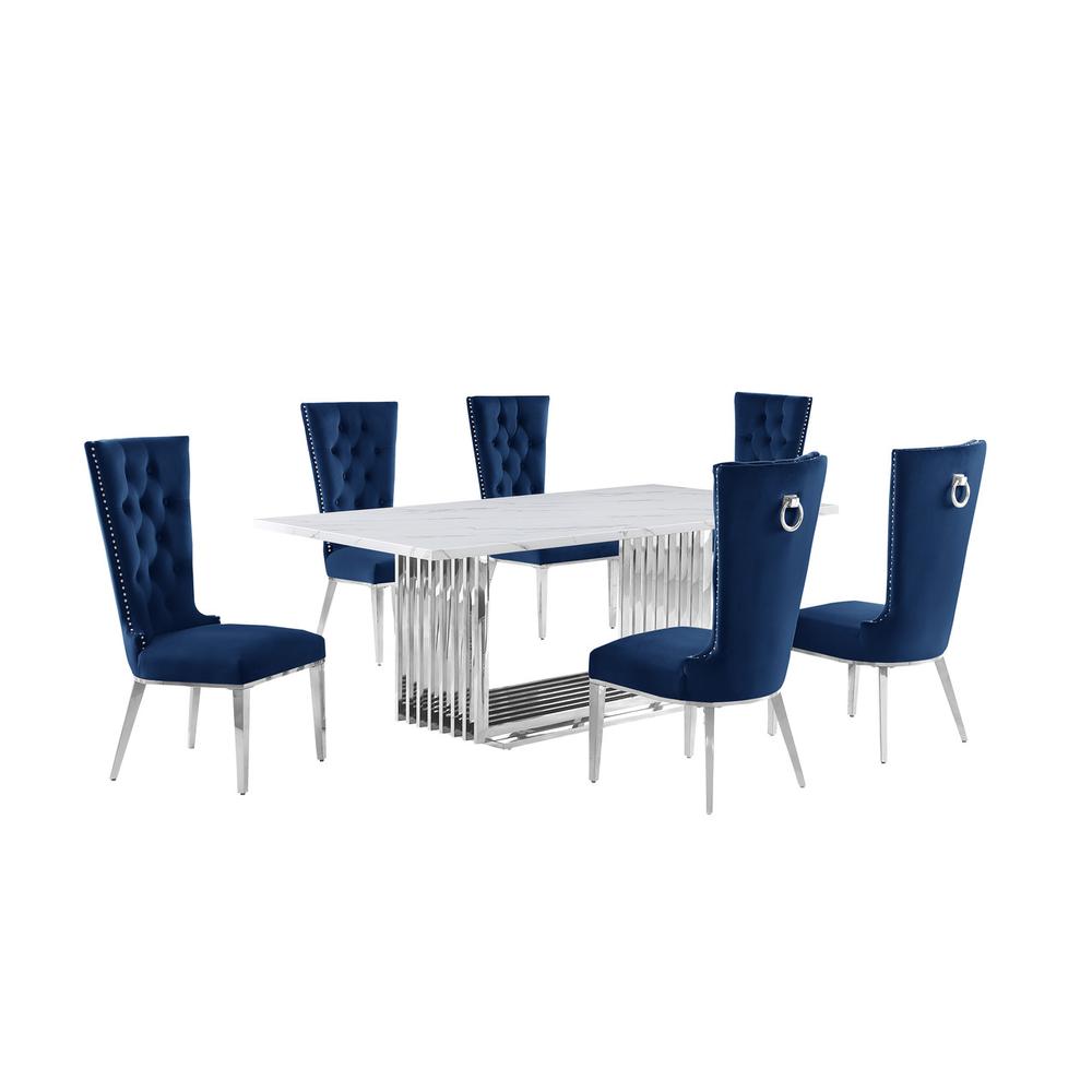 7pc Large(79″) marble top dining set with silver base and 6 Navy blue chairs