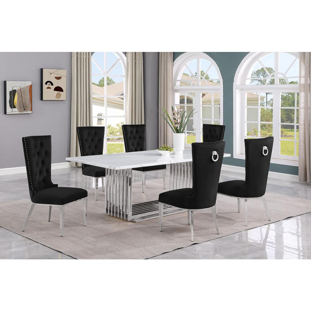 7pc Large(79″) marble top dining set with silver base and 6 Black side chairs