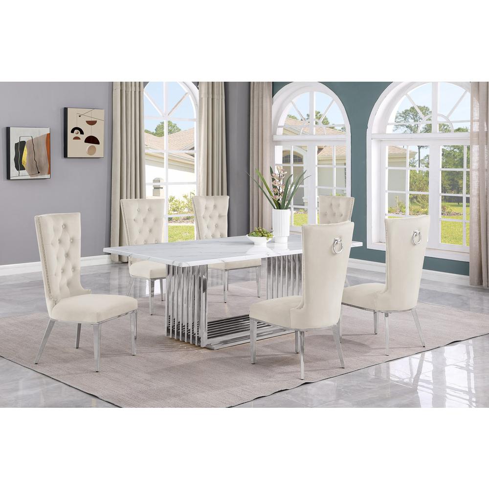 7pc Large(79″) marble top dining set with silver base and 6 Cream side chairs