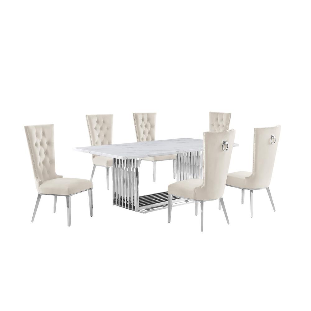 7pc Large(79″) marble top dining set with silver base and 6 Cream side chairs