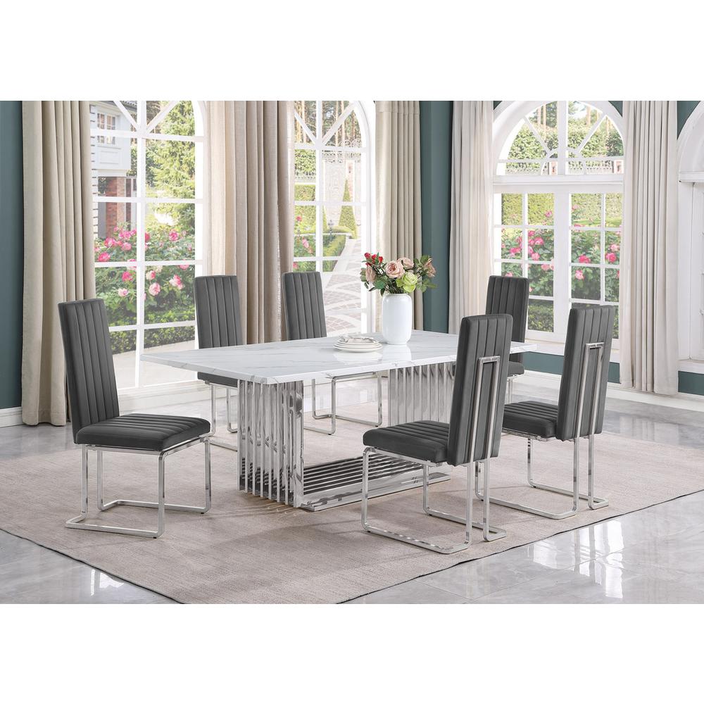7pc Large(79″) marble top dining set with silver base and 6 Dark grey chairs