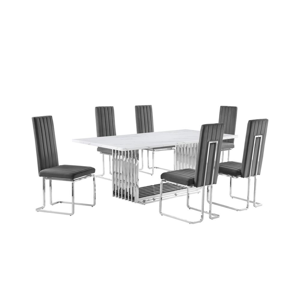 7pc Large(79″) marble top dining set with silver base and 6 Dark grey chairs