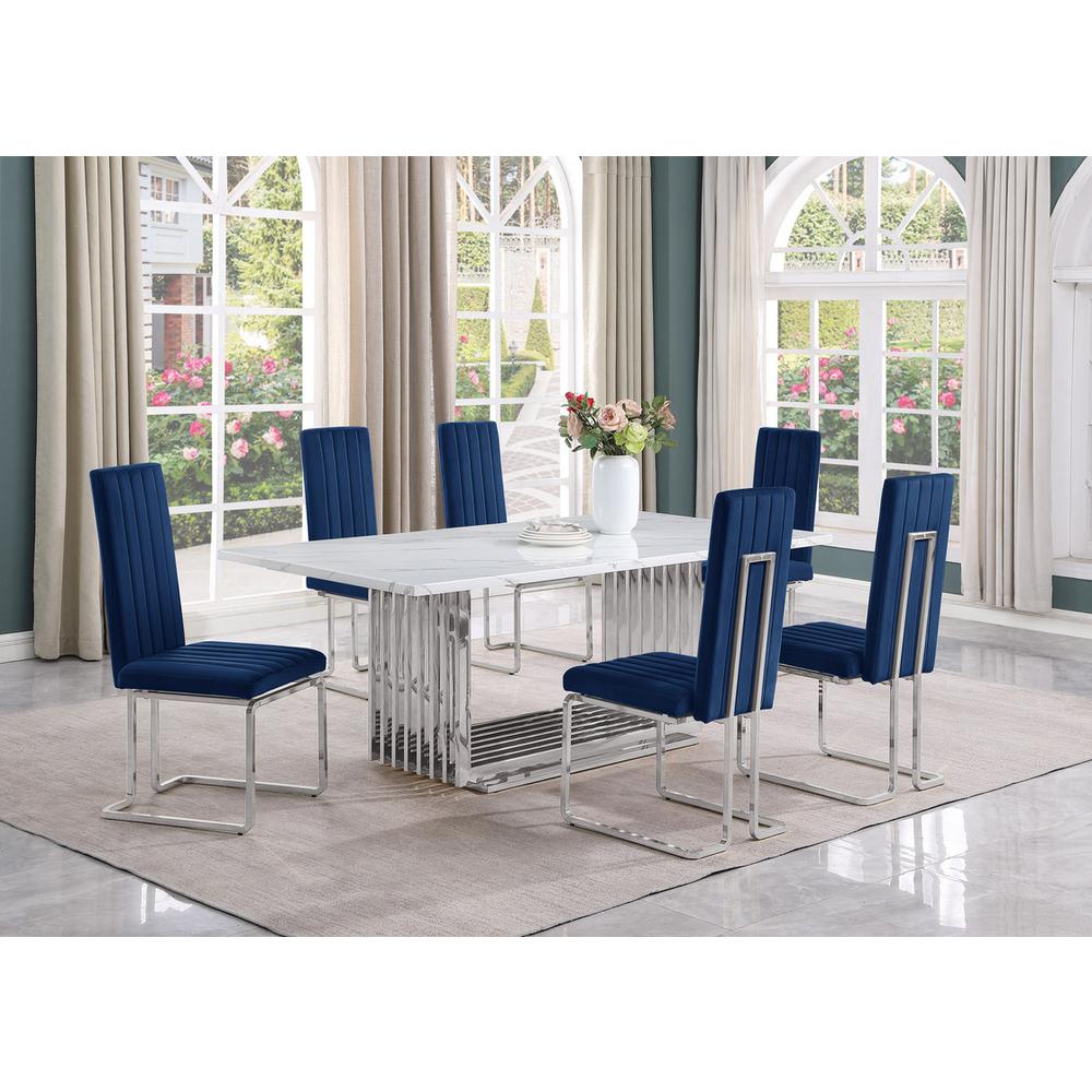7pc Large(79″) marble top dining set with silver base and 6 Navy blue chairs
