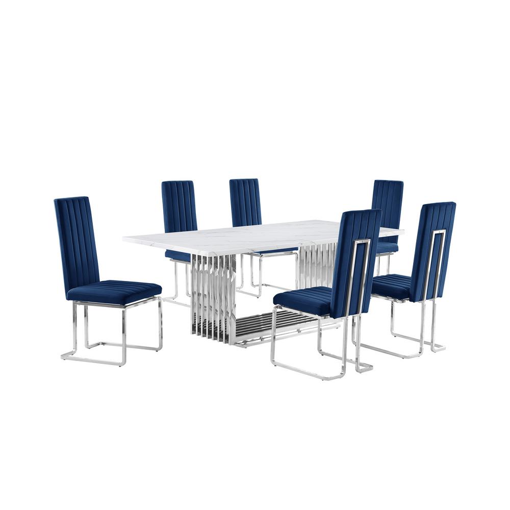 7pc Large(79″) marble top dining set with silver base and 6 Navy blue chairs