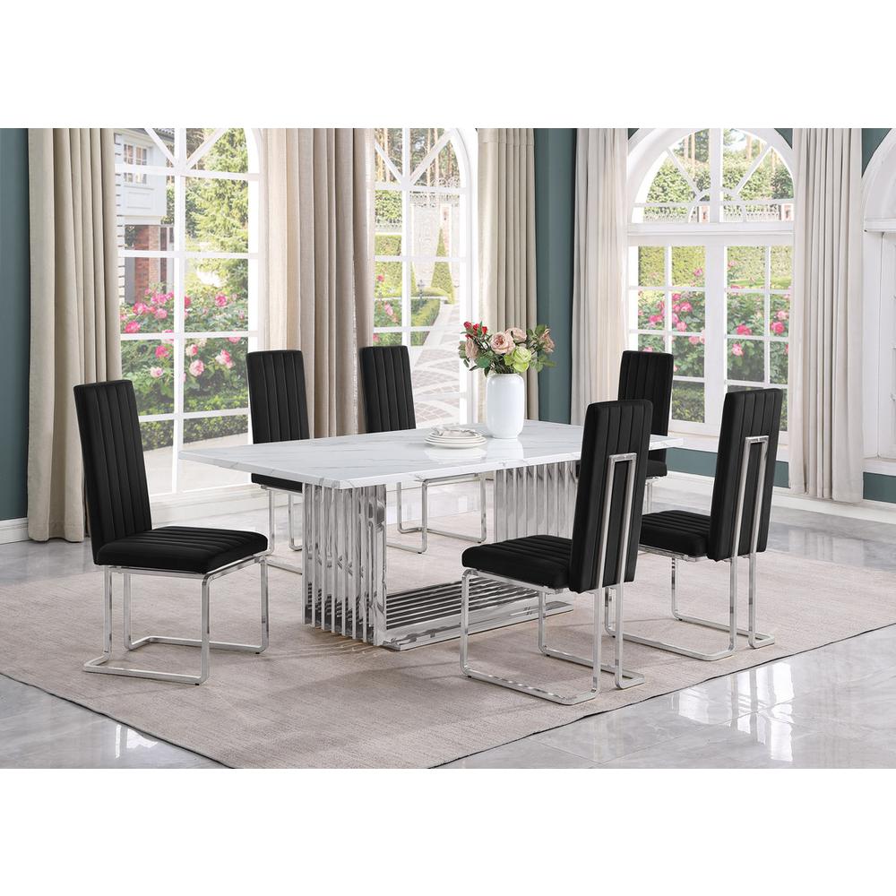 7pc Large(79″) marble top dining set with silver base and 6 Black side chairs