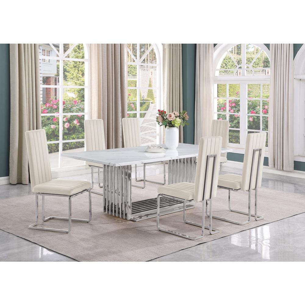7pc Large(79″) marble top dining set with silver base and 6 Cream side chairs