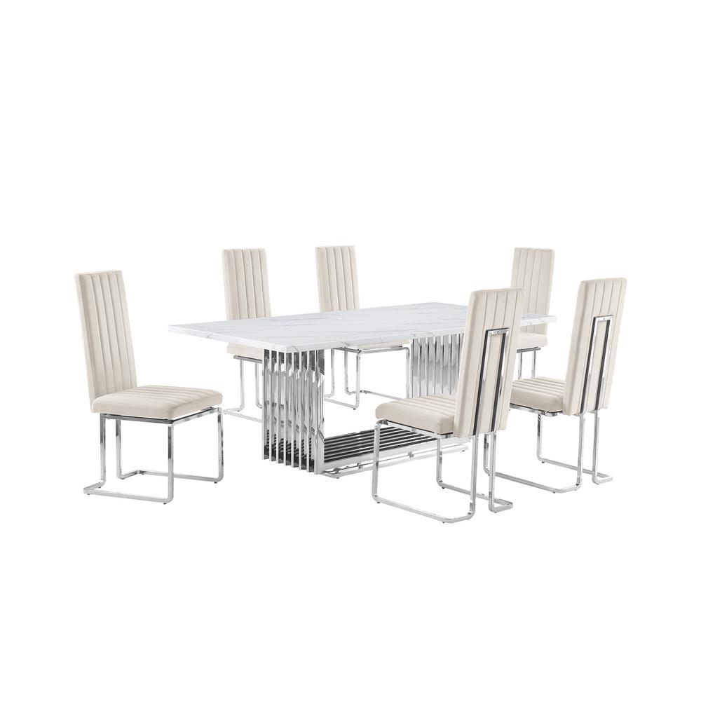 7pc Large(79″) marble top dining set with silver base and 6 Cream side chairs