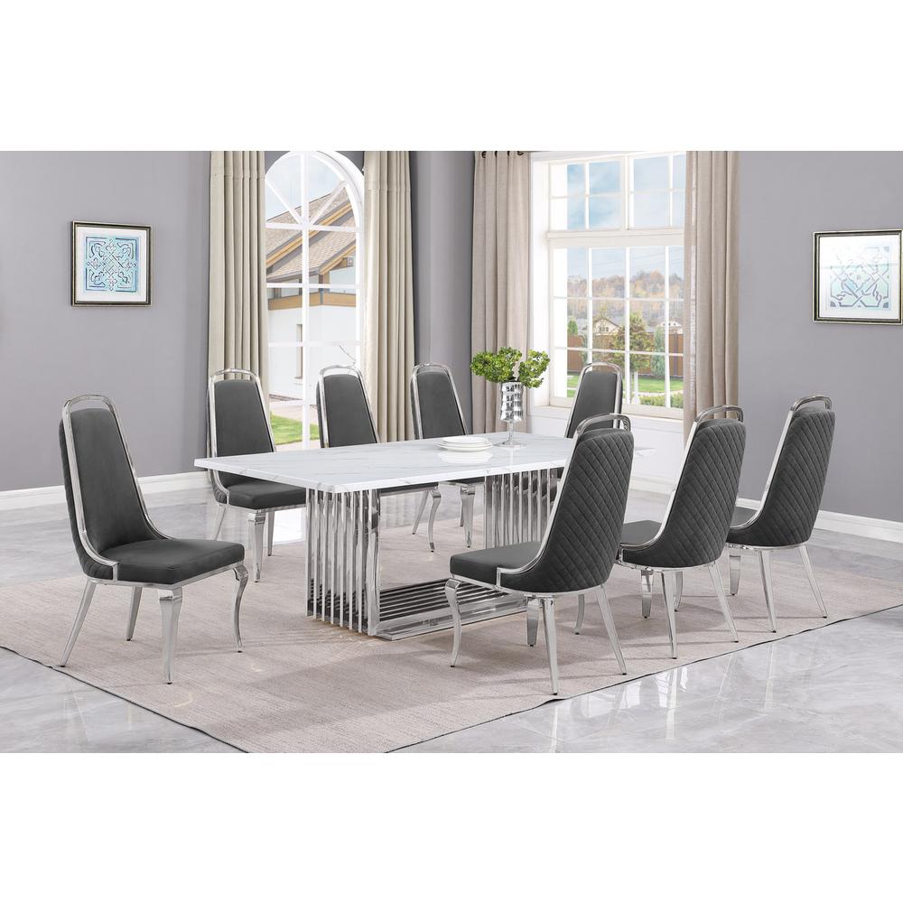 9pc Large(79″) marble top dining set with silver base and 8 Dark grey chairs