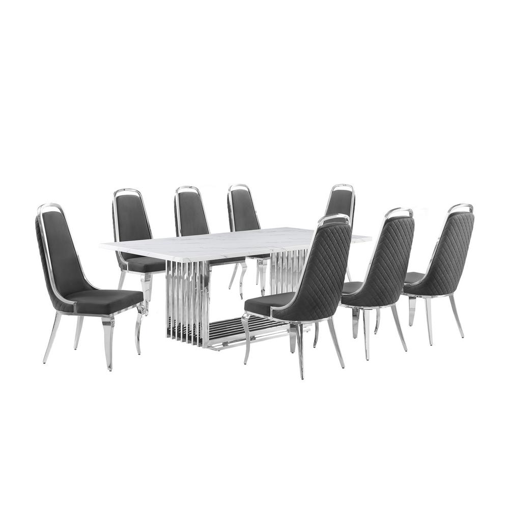 9pc Large(79″) marble top dining set with silver base and 8 Dark grey chairs