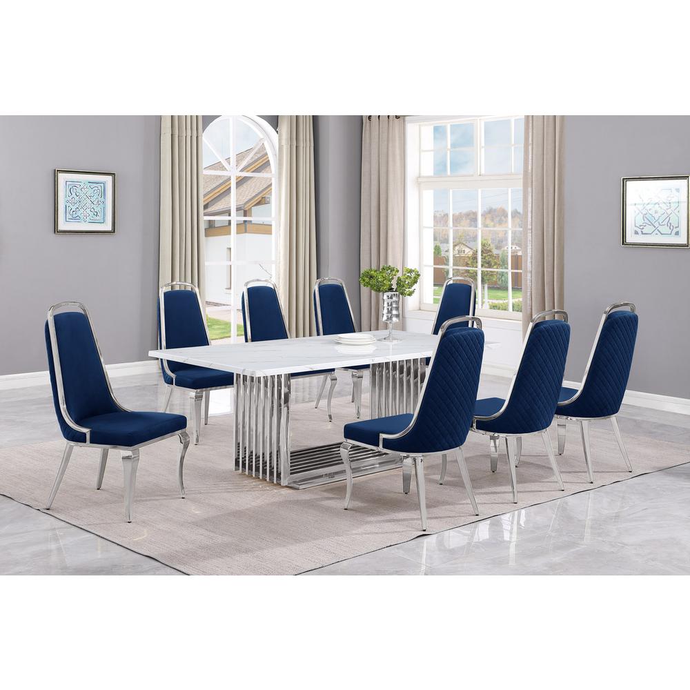 9pc Large(79″) marble top dining set with silver base and 8 Navy blue chairs