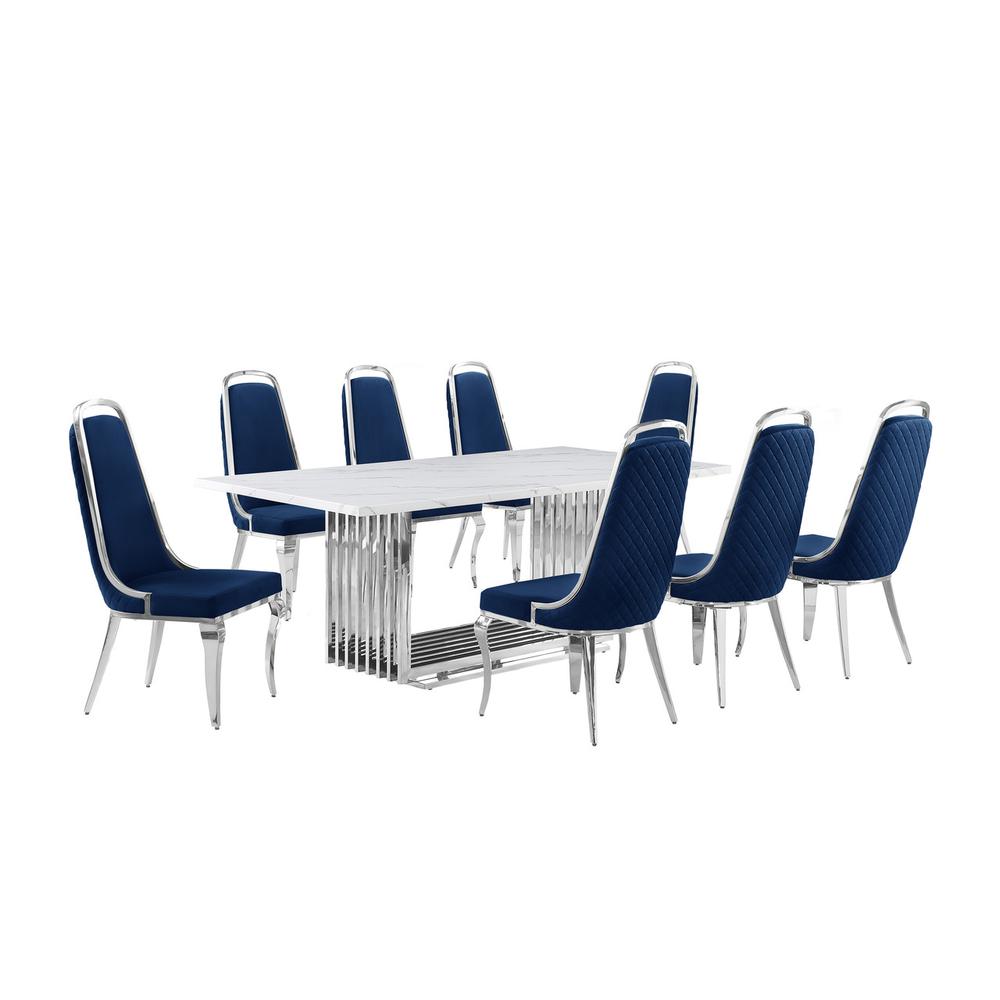 9pc Large(79″) marble top dining set with silver base and 8 Navy blue chairs