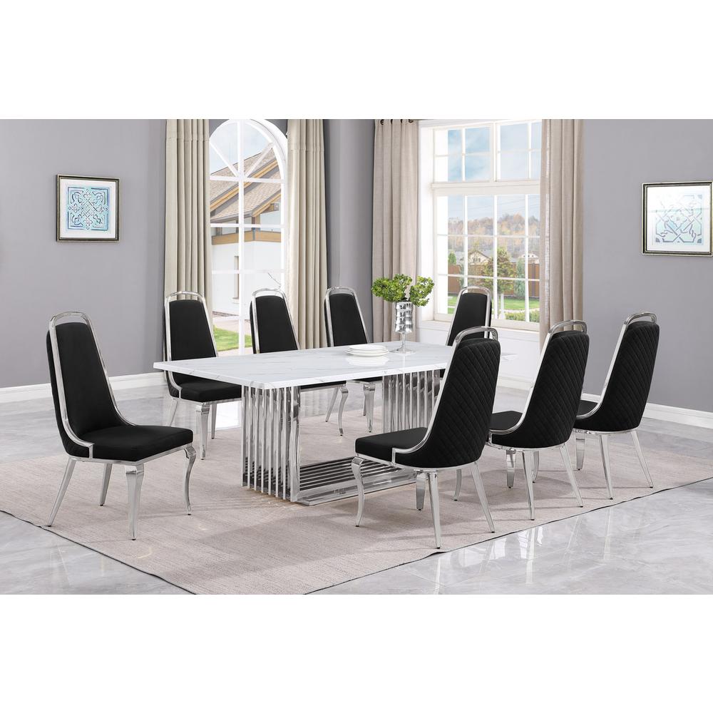 9pc Large(79″) marble top dining set with silver base and 8 Black side chairs