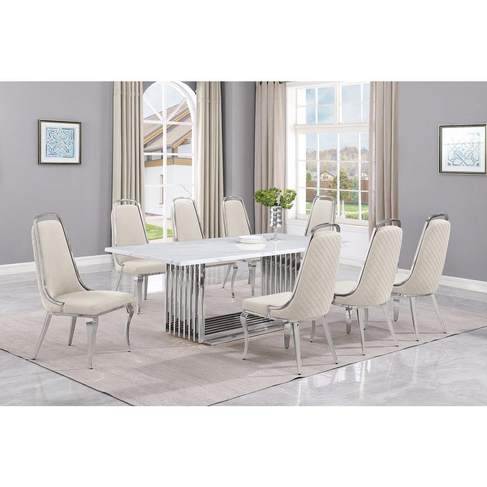 9pc Large(79″) marble top dining set with silver base and 8 cream side chairs