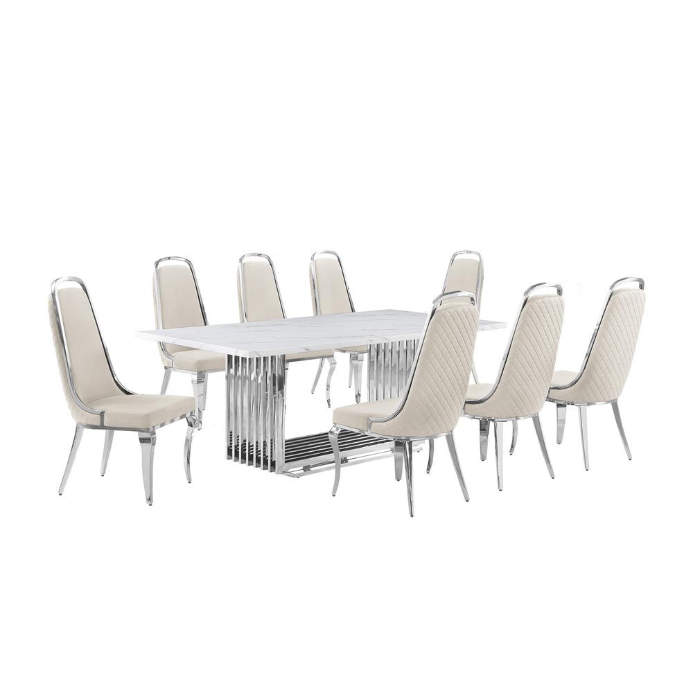 9pc Large(79″) marble top dining set with silver base and 8 cream side chairs