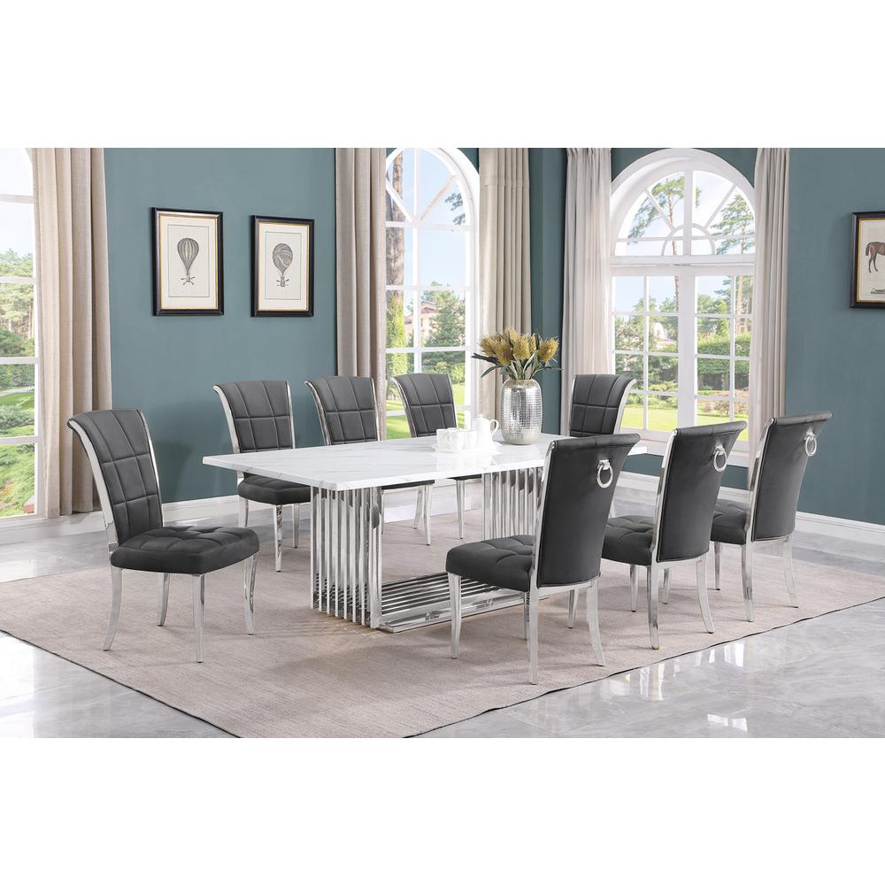 9pc Large(79″) marble top dining set with silver base and 8 Dark grey chairs