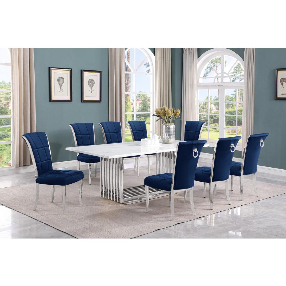 9pc Large(79″) marble top dining set with silver base and 8 Navy blue chairs