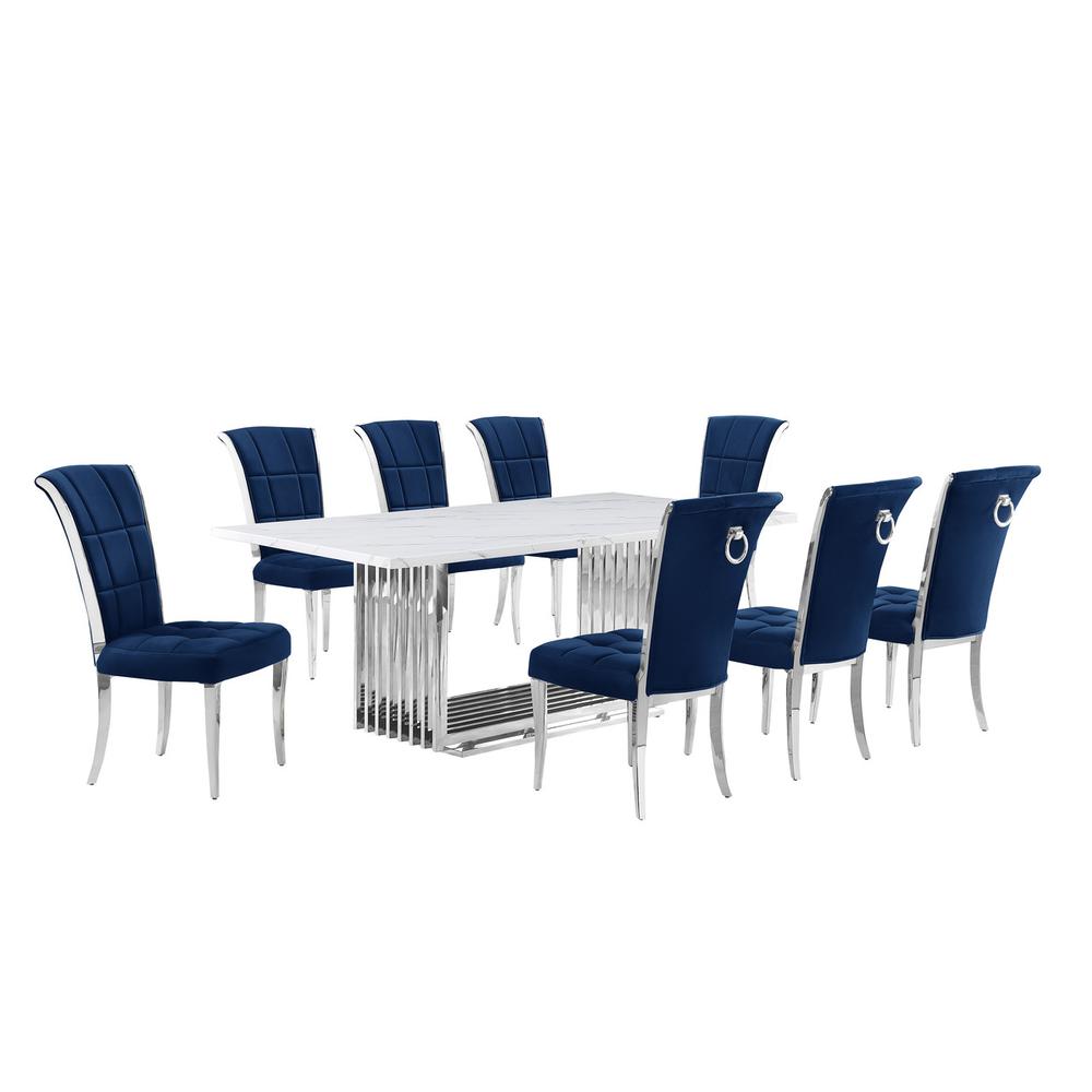 9pc Large(79″) marble top dining set with silver base and 8 Navy blue chairs