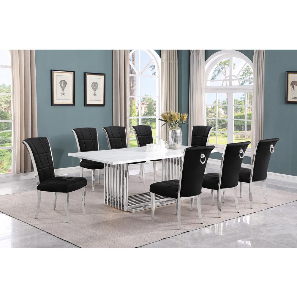 9pc Large(79″) marble top dining set with silver base and 8 Black side chairs