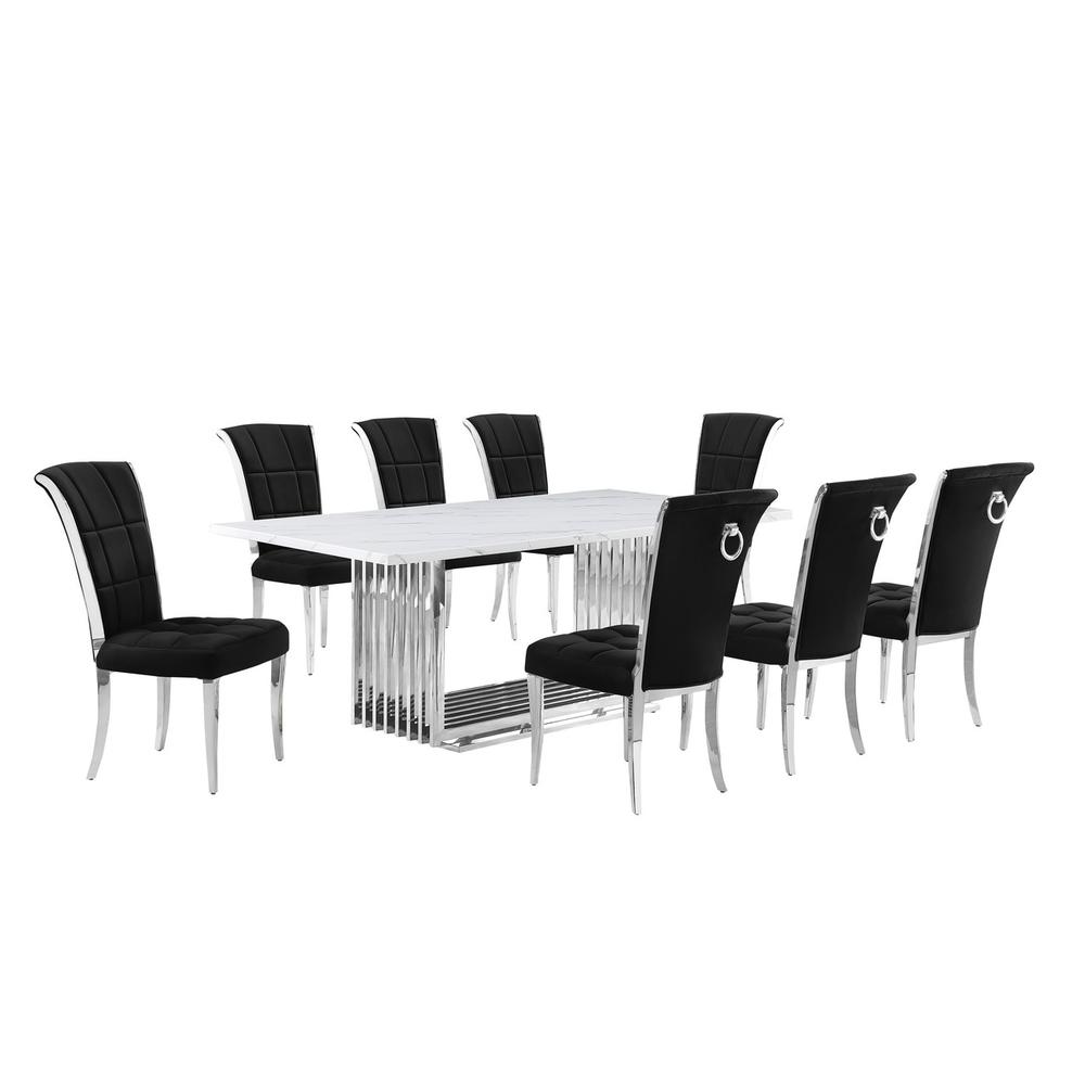 9pc Large(79″) marble top dining set with silver base and 8 Black side chairs