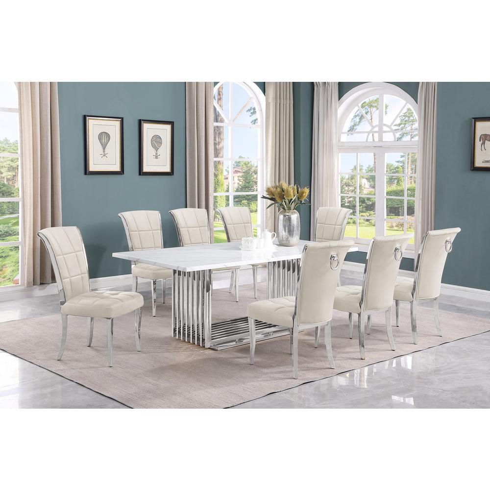 9pc Large(79″) marble top dining set with silver base and 8 cream side chairs