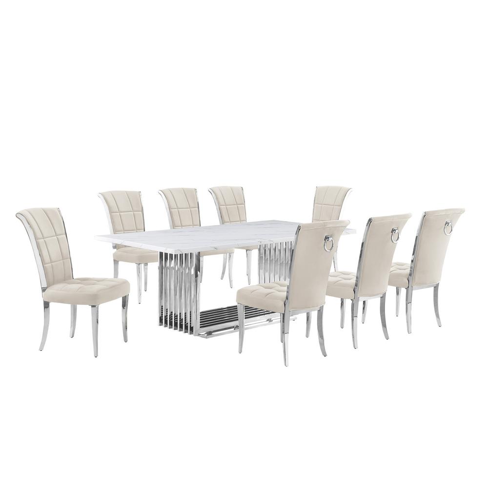 9pc Large(79″) marble top dining set with silver base and 8 cream side chairs