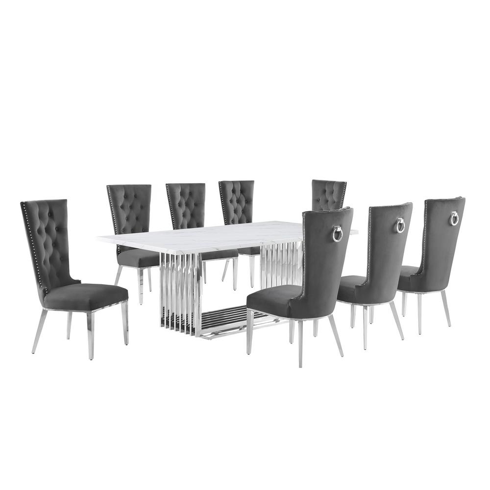 9pc Large(79″) marble top dining set with silver base and 8 Dark grey chairs