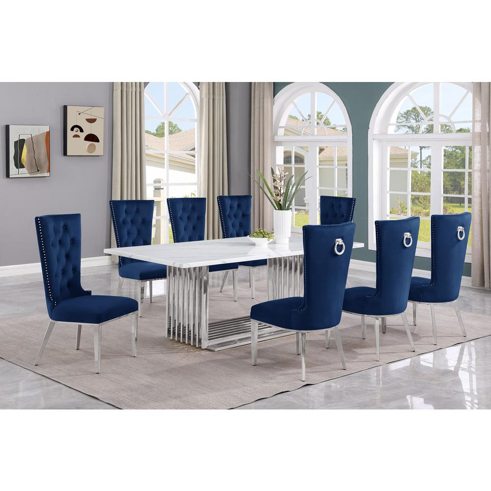 9pc Large(79″) marble top dining set with silver base and 8 Navy blue chairs