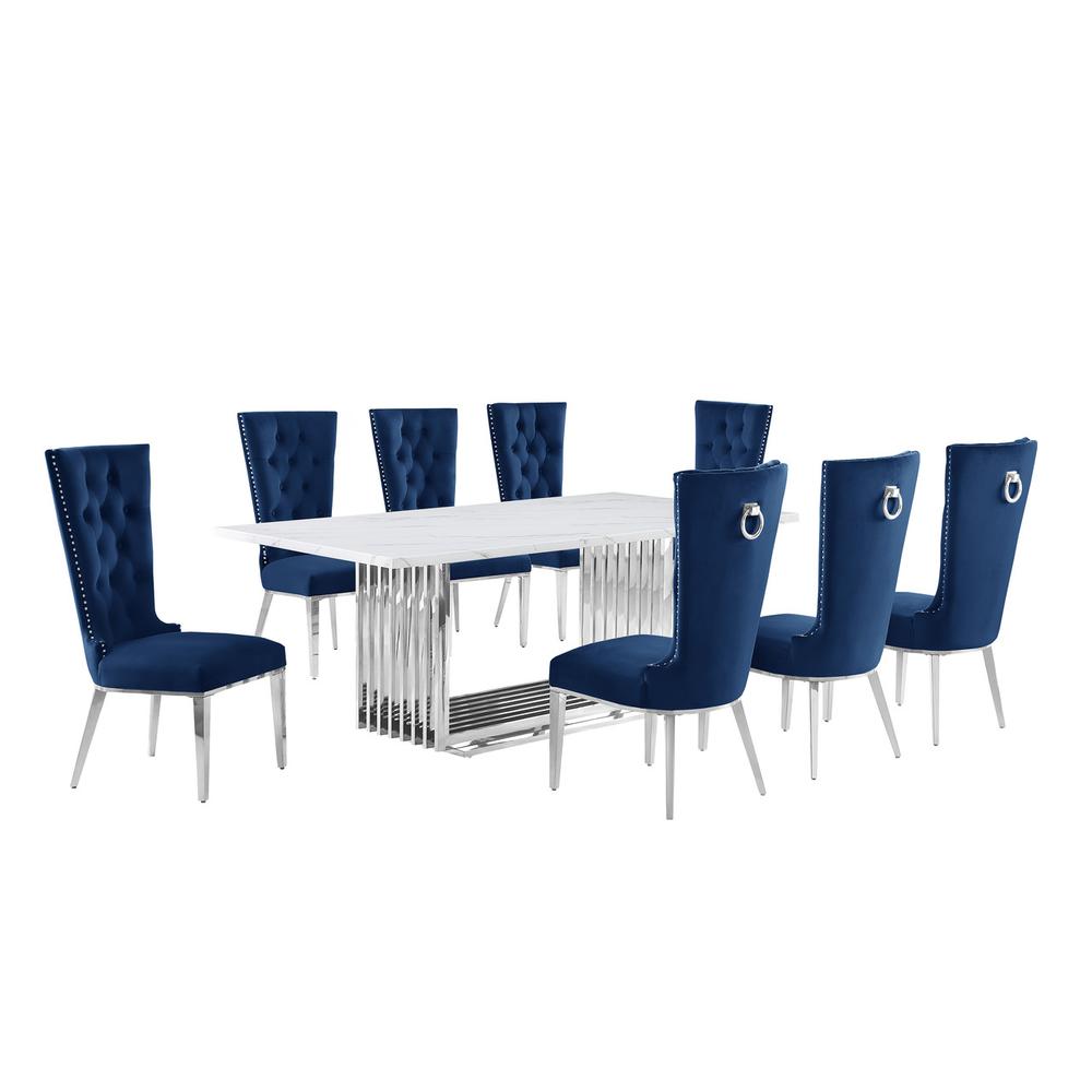 9pc Large(79″) marble top dining set with silver base and 8 Navy blue chairs